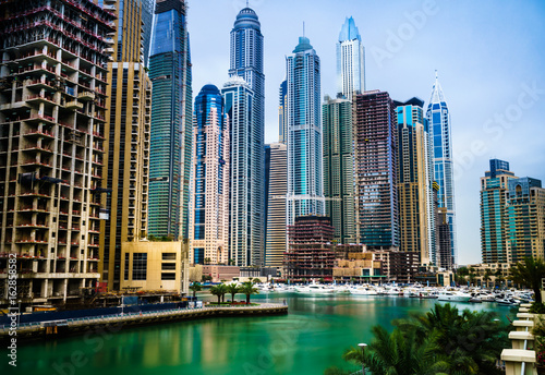 Panoramic view on luxury Dubai Marina,Dubai,United Arab Emirates at cloudy day © offcaania