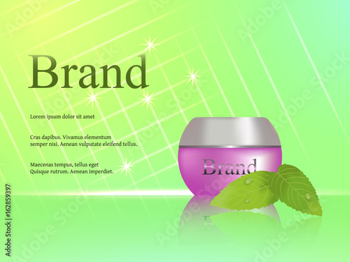 The design of cosmetics, skin cream, light, fresh green background with mint leaves. Advertising, brand, catalogue, banner. 3D vector realistic