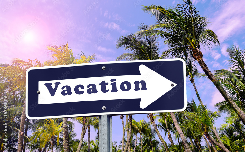 Fototapeta premium Vacation arrow sign on palm tree background.