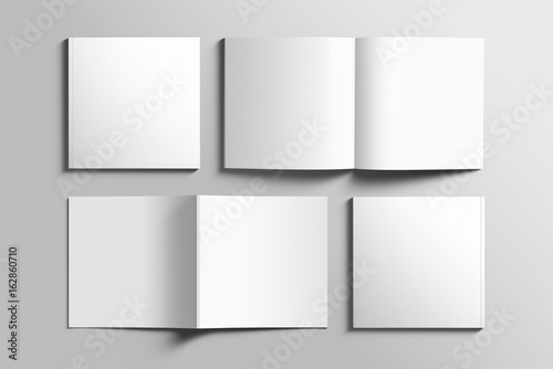 Blank square photorealistic brochure mockup on light grey background. 