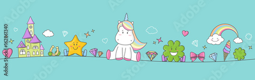 Einhorn Pony Fantasy Banner mit Regenbogen, Sternen, Herzen und Kleeblatt