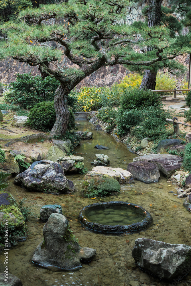 bonsai moss rock river in zen garden Stock Photo