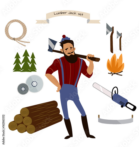 Lumberjack, timber and woodworking tools vector icons isolated on white background