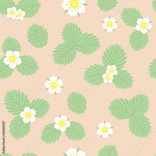 Strawberry leaves and flowers vector seamless pattern