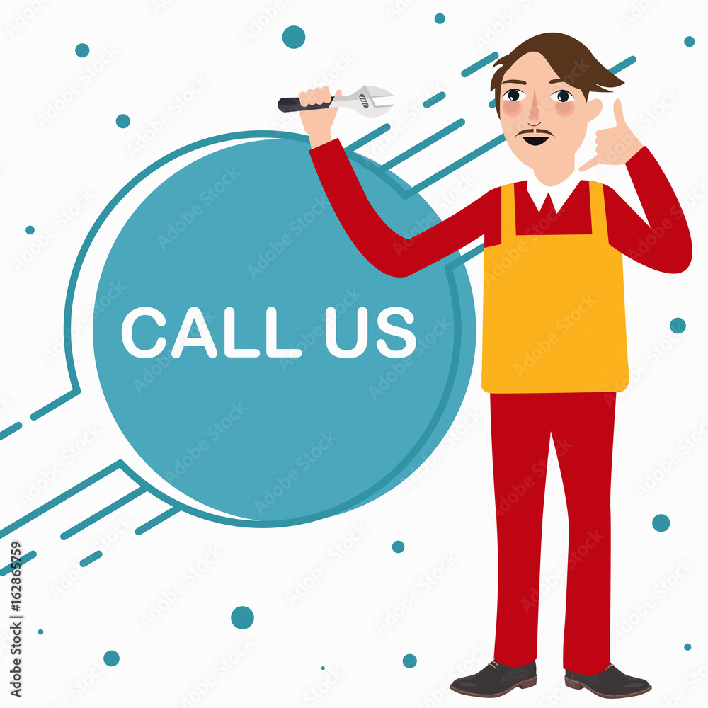 call us mechanic technician phone service standing character cartoon call us mechanic technician phone service standing character cartoon