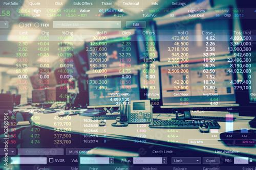 Double exposure of business stock trading room with computer and graph for Business Trading concept