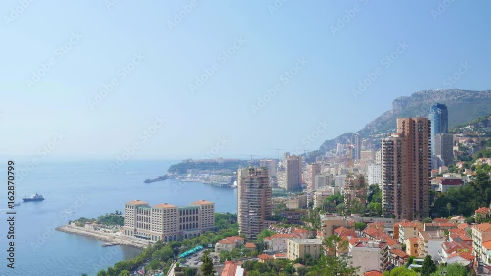 Beautiful time lapse video with aerial view of Principality Monaco coast and Monte Carlo harbor. Beautiful time lapse video with aerial view of Principality Monaco coast and Monte Carlo harbor.