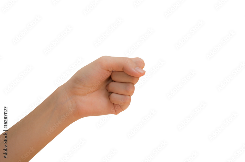 Hand, clenched hand of woman isolated on white background with clipping path. Hand, clenched hand of woman isolated on white background with clipping path.