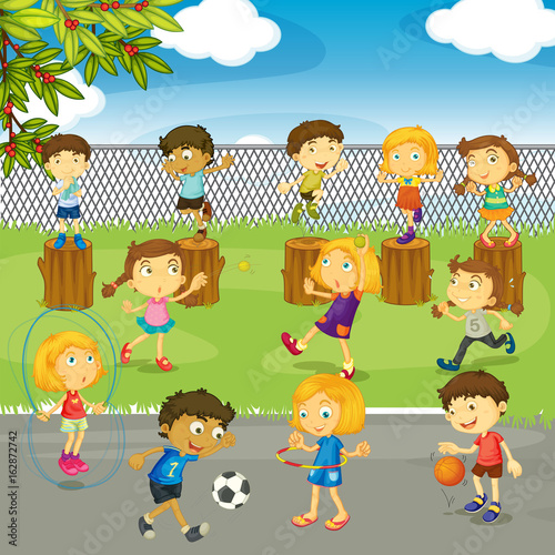 Many kids playing in the park