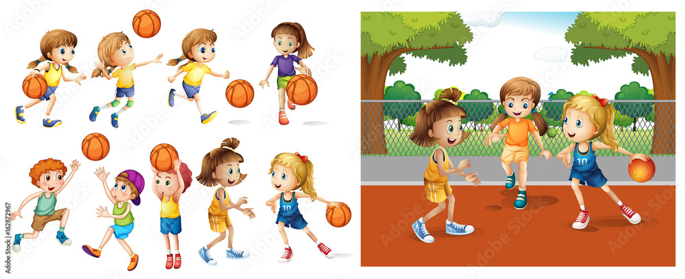 Fototapeta Dziewczyny i chłopcy grający w koszykówkę