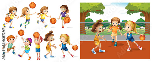 Fototapeta Dziewczyny i chłopcy grający w koszykówkę