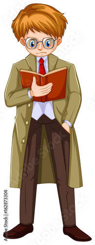 Man in brown overcoat reading book