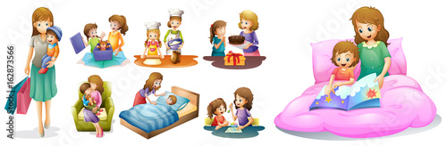 Mother and kids in different actions