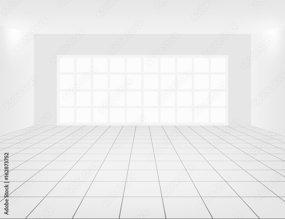 Interior of room with grid line of tile floor for background.