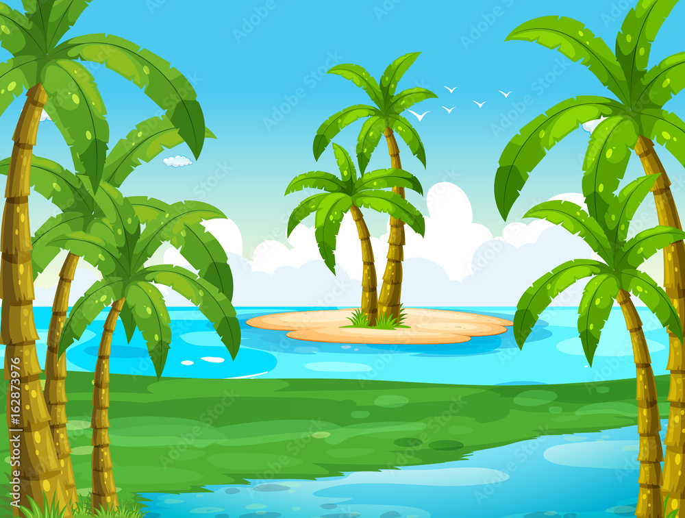 Fototapeta Ocean scene with coconut trees on island
