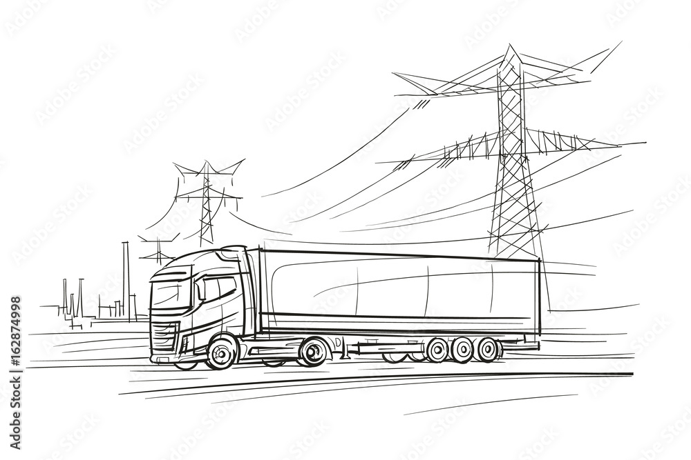 Euro Truck in the industrial zone sketch. Vector.