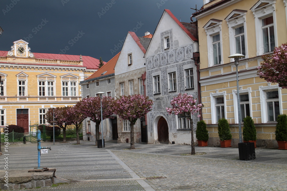 Thunderstorm over Square of peace in Slavonice, Czech republic