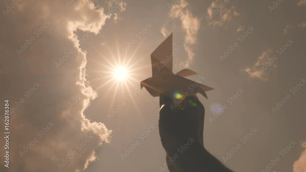 A paper bird is in the hand in front of the bright sun. Origami.