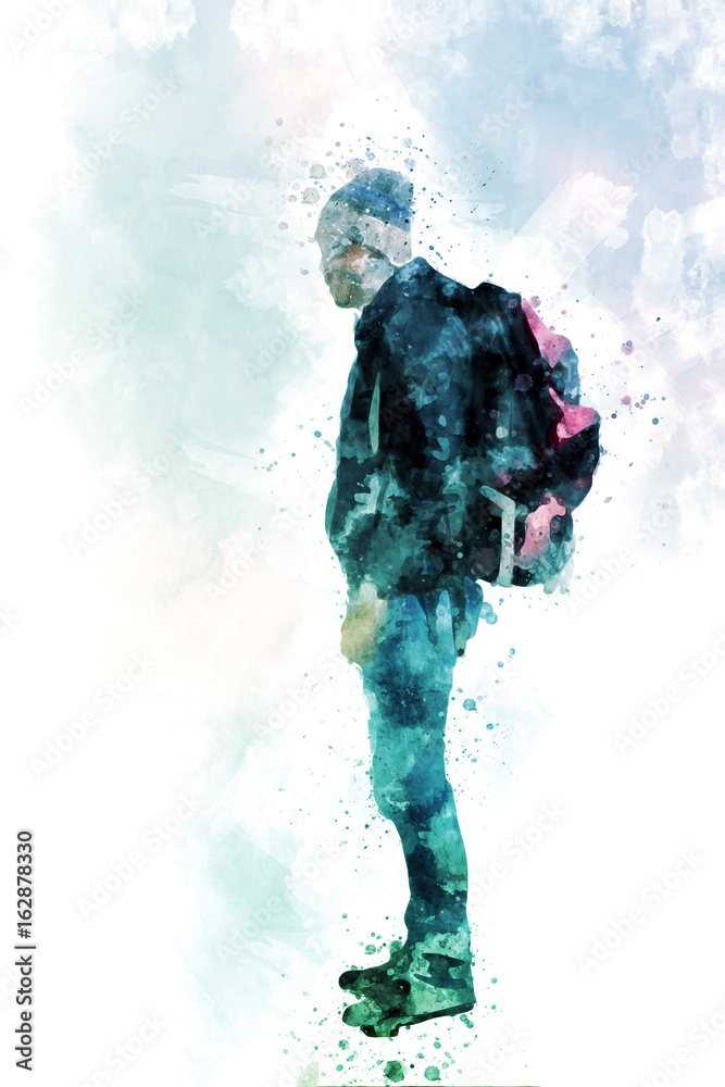 Hiker young man with backpack, Digital watercolor painting