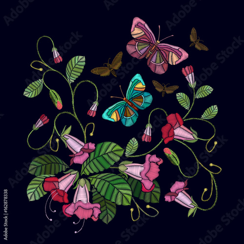 Embroidery flowers bells and butterfly. Fashionable template for design of clothes. Beautiful cornflowers, butterfly classical embroidery vector