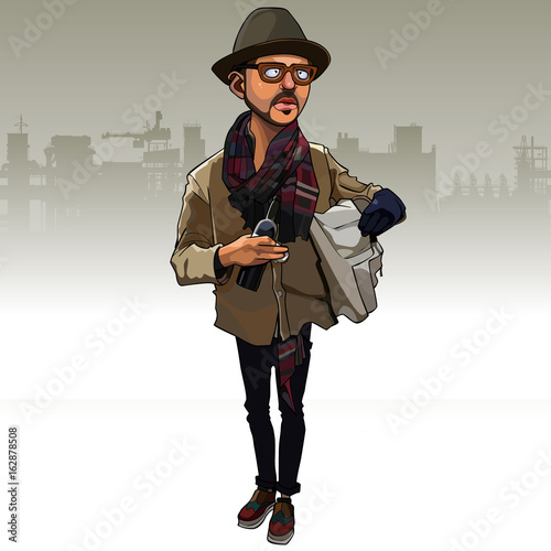 Cartoon man in a hipster clothes with a bottle in his hand