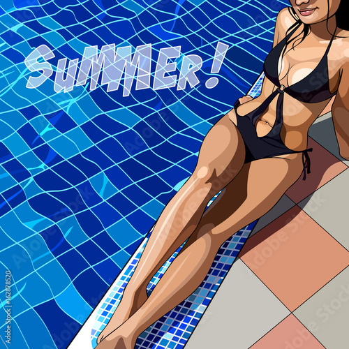 Painted beautiful woman in a swimsuit by the pool