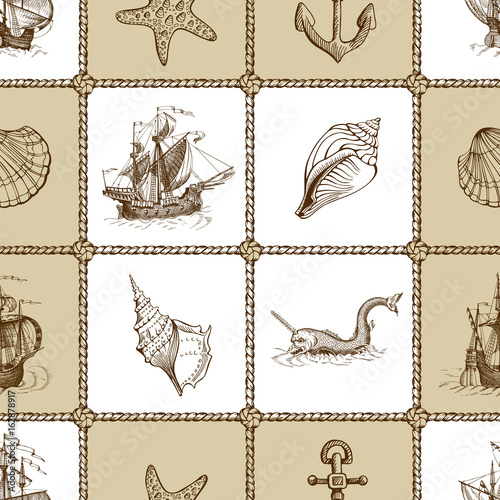 Seamless vector pattern on sea theme. Can be used for textiles, wrapping paper, interior decoration.