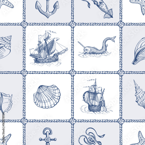 Seamless vector pattern on sea theme. Can be used for textiles, wrapping paper, interior decoration.