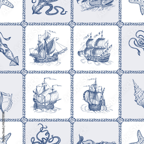 Seamless vector pattern on sea theme. Can be used for textiles, wrapping paper, interior decoration.