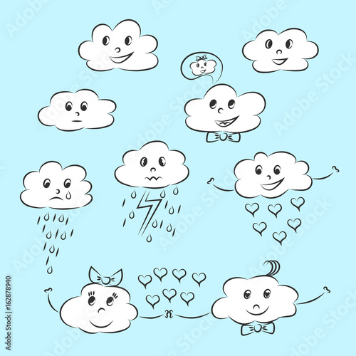 Cartoon clouds with different emotions, emoticons in the form of clouds, happiness and love, hatred and resentment