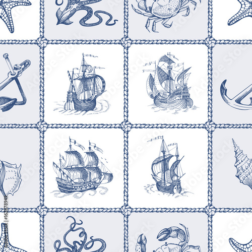 Seamless vector pattern on sea theme. Can be used for textiles, wrapping paper, interior decoration.