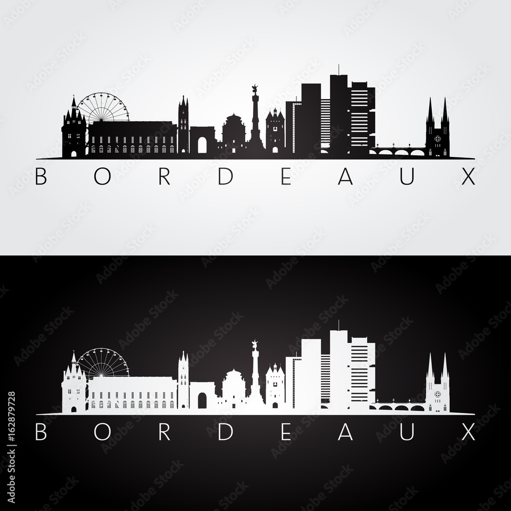 Bordeaux skyline and landmarks silhouette, black and white design, vector illustration.