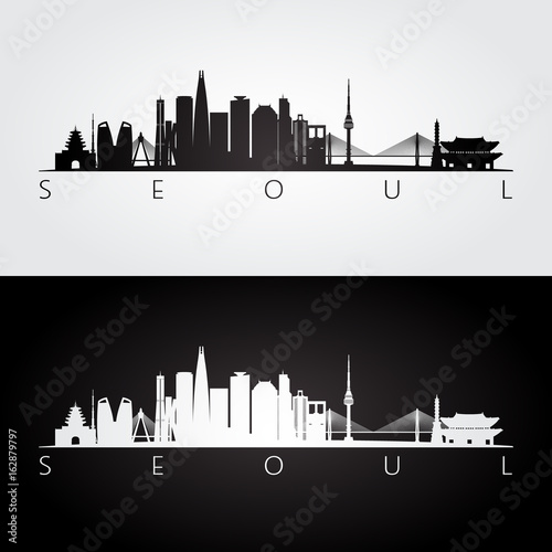 Seoul skyline and landmarks silhouette, black and white design, vector illustration.