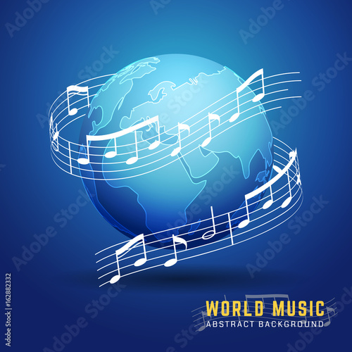 Abstract 3D World Music Design Concept. Melody Notes Score Around The Earth. Vector Illustration
