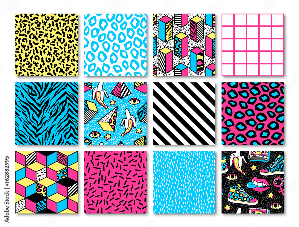 Set of seamless patterns in 80s-90s memphis style.