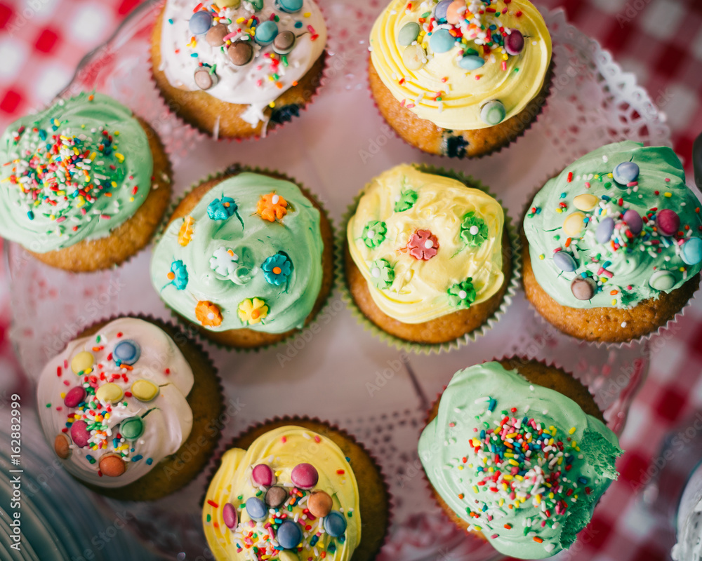 Homemade Sweets Muffins in Sweets Shop Closeup Background Homemade Sweets Muffins in Sweets Shop Closeup Background