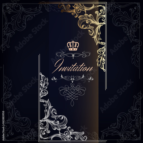 Elegant and luxury invitation card with swirls, crowns in gold
