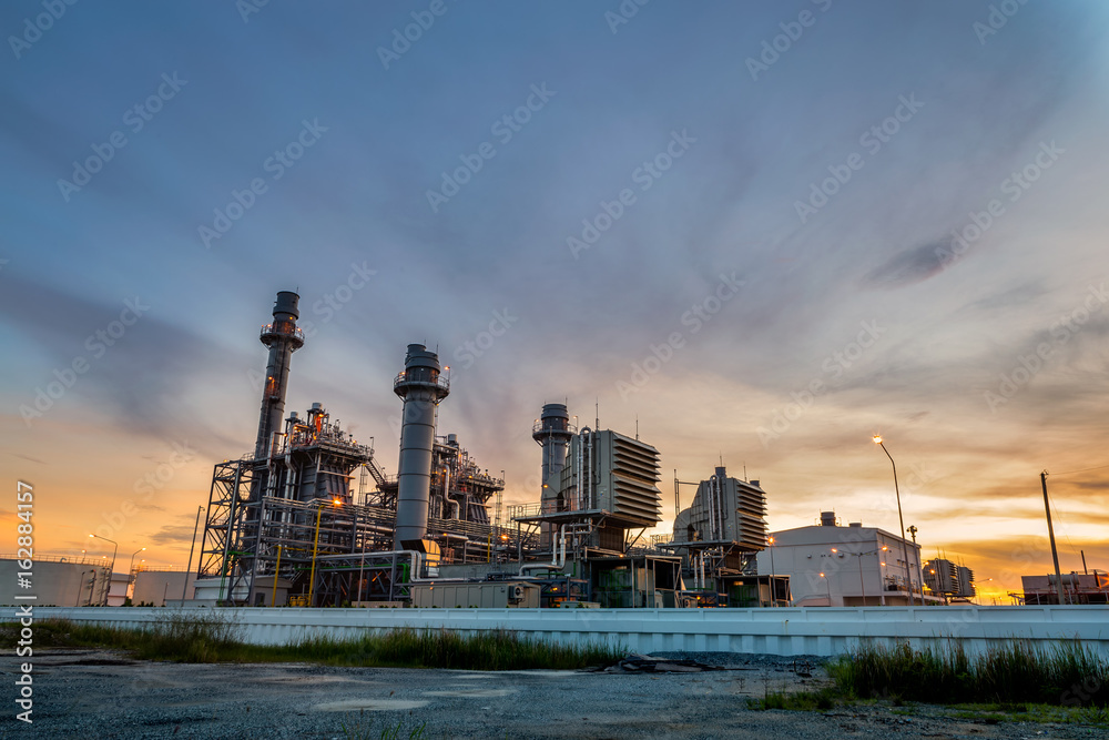 Gas turbine electrical power plant at dusk with twilight 