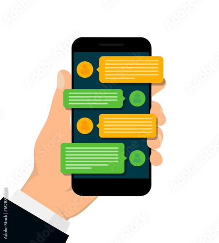 Chating and messaging concept. Hand holding smartphone isolated on white background. Social network concept. Vector illustration. Flat design.