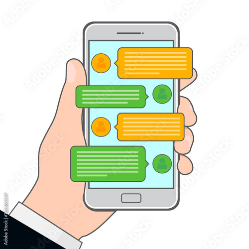 Flat Line design graphic image concept Chating and messaging. Hand holding smartphone isolated on white background. Social network concept. Vector illustration.