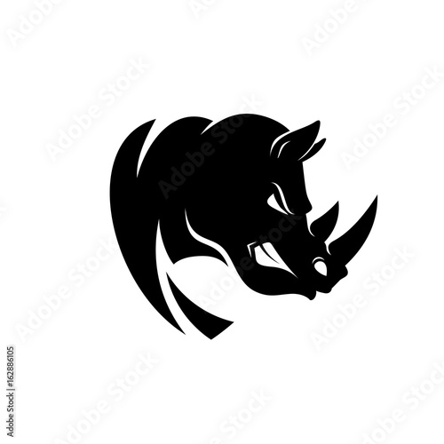 Rhino head logo or icon in black and white color. Rhinoceros bares its teeth. Stock vector illustration.