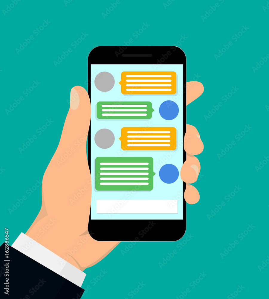 Hand holding smartphone. Chating and messaging concept. Vector illustration. Flat design. Hand holding smartphone. Chating and messaging concept. Vector illustration. Flat design.