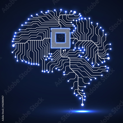 Abstract technological glowing brain. Cpu. Circuit board. Vector
