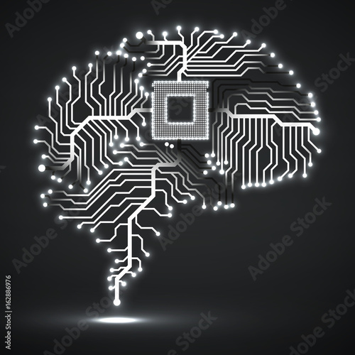 Abstract technological glowing brain. Cpu. Circuit board. Vector