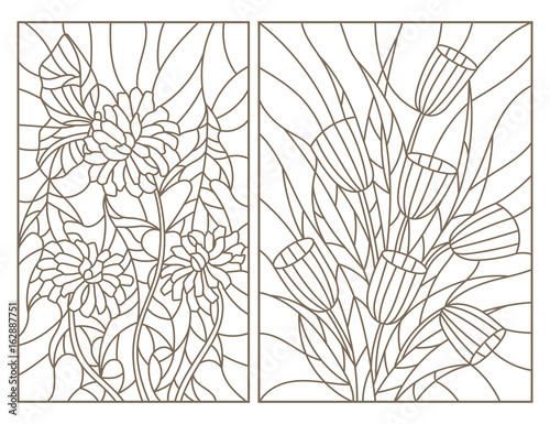 Set contour illustrations in the stained glass style, tulips and Taraxacum, dark outline on a white background