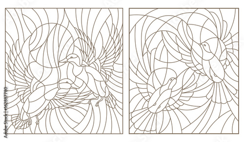 Set contour illustrations of stained glass birds pair of pigeons and ducks in the sky and the sun