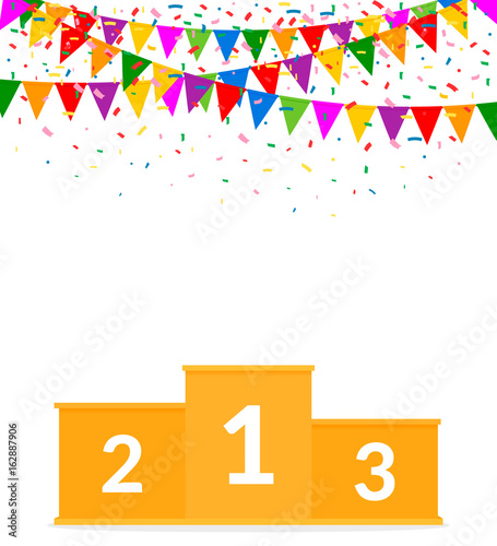 Empty Winners Podium Isolated on White Background. Colorful Garland and Confetti. Victory Celebration. Vector Illustration. Flat Style.