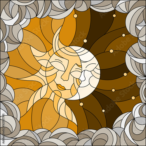 Illustration in stained glass style , abstract sun and moon in the sky,Sepia,monochrome