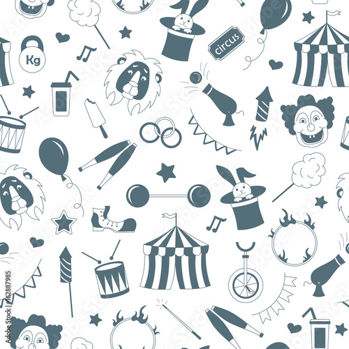 Seamless pattern on the theme of circus, a grey silhouettes of icons on the white background