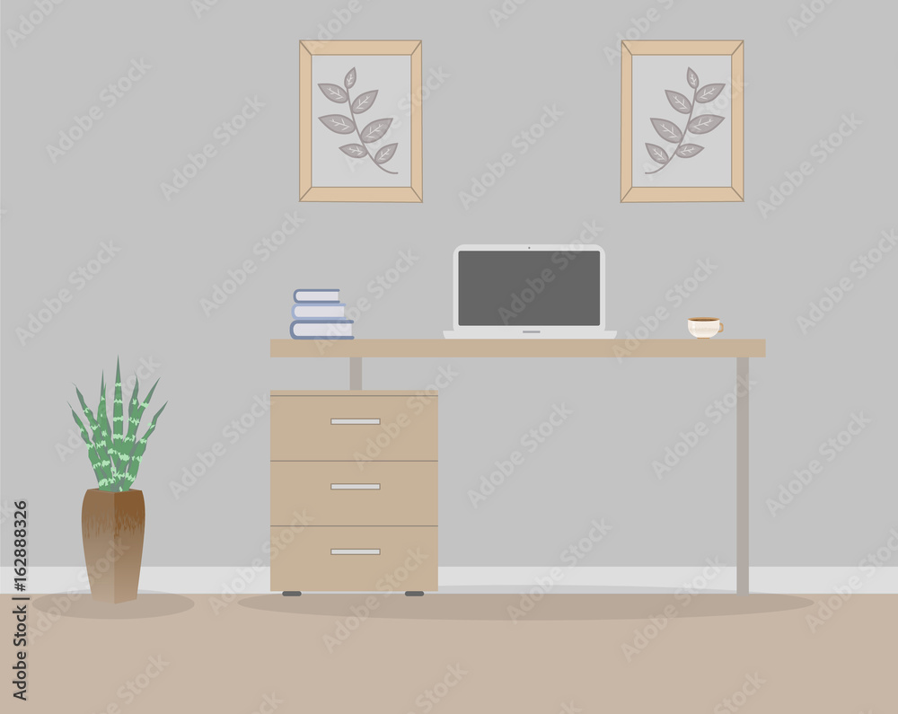 Office in loft style on a gray background. Vector illustration. Table with drawers, a succulent in the beautiful vases floor, cute paintings. Cup with coffee, laptop, books Office in loft style on a gray background. Vector illustration. Table with drawers, a succulent in the beautiful vases floor, cute paintings. Cup with coffee, laptop, books